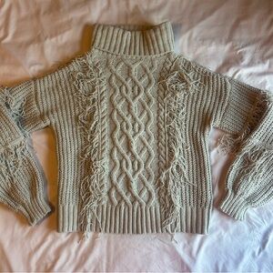 Chunky Cable Knit Fringe Turtleneck Sweater – Size Large